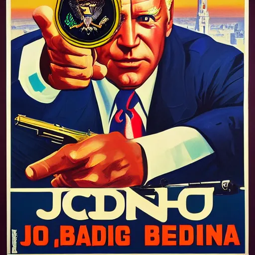 Image similar to propaganda poster of joe biden pointing gun directly at camera in james bond movie, closeup of gun, visible barrel and grip by j. c. leyendecker, bosch, lisa frank, jon mcnaughton, and beksinski