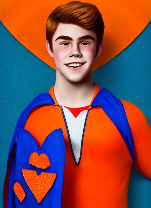 Image similar to friendly teenage archie andrews wearing an orange superhero costume with heart logo, heart, orange costume, blue cape, freckles, cape, heart emblem on chest, heart, blue cape, intricate, elegant, glowing lights, highly detailed, digital painting, artstation, sharp focus, illustration, art by wlop, mars ravelo and greg rutkowski