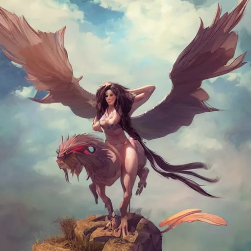 Image similar to Art station concept of a beautiful girl riding a gryphon, symmetrical face, smooth body features, by Stanley Artgerm Lau, WLOP, Rossdraws, James Jean, Andrei Riabovitchev, Marc Simonetti, and Sakimichan, trending on artstation