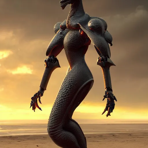 Image similar to a highly detailed beautiful anthropomorphic robot female dragon with smooth and streamlined armor, standing and posing elegantly, showing her head, with sharp claws on her hands and feet, long tail, on the beach, artstation, DeviantArt, professional, octane render