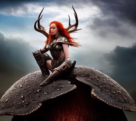 Image similar to a photo of an armored woman warrior redhead with antlers sitting on a giant mushroom that covers a whole village and reaches above the clouds by luis royo. intricate. lifelike. soft light. sony a 7 r iv 5 5 mm. cinematic post - processing