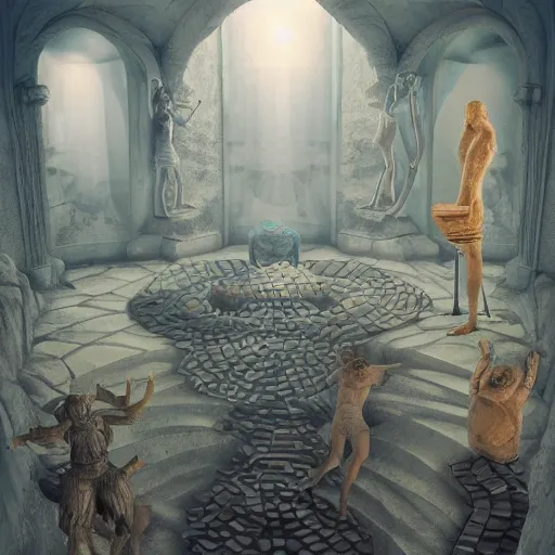 Prompt: this place is so bizarre yet amazing the walls seem to be moving and the sculptures look like nothing I’ve ever seen before lights are gleaming out of the small window it’s truly beautiful, trending on artstation,