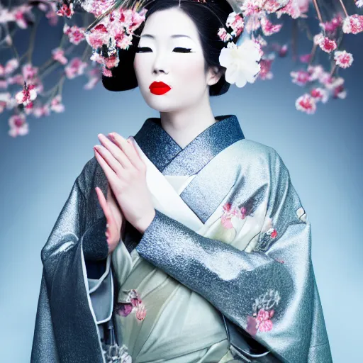 Image similar to portrait of a geisha dressed in metallic clothes, in a ice castle, with cherry blossom flowers around her, award winning photography