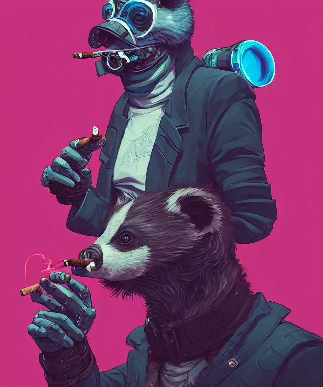 Prompt: a portrait of an anthropomorphic cyberpunk badger smoking a cigar, cyberpunk!, fantasy, elegant, digital painting, artstation, concept art, matte, sharp focus, illustration, art by josan gonzalez