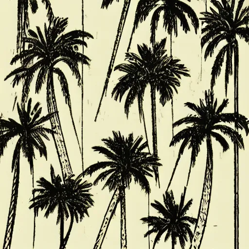 Prompt: a woodcut print of palm trees in a nuclear blast