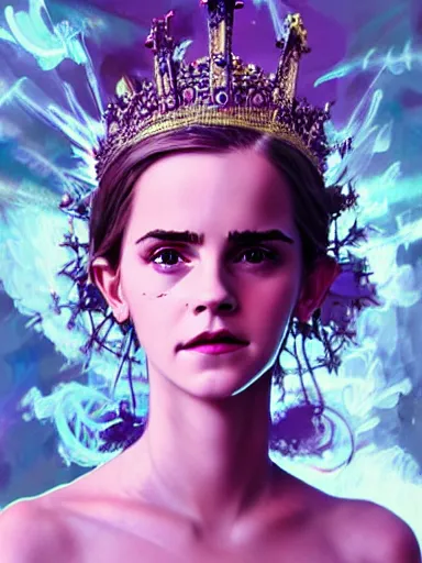 Prompt: portrait of beautiful female angel queen Emma Watson face wearing shiny pink crown, subtle purple accents, hyper details, black metal rococo, sculpted by Alex Alice, Craig Mullins, yoji shinkawa, trending on artstation, beautifully lit, Peter mohrbacher, hyper detailed, insane details, intricate, elite, elegant, luxury, ray of light through smoke, CGsociety, hypermaximalist, golden ratio, background urban cityscape, night, neofuture, volumetric, octane render, weta digital, micro details, 3d sculpture