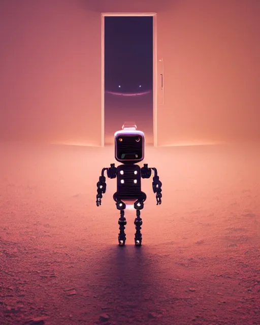 Image similar to a robot standing in front of a glowy open door that's on a barren moon, poster art by mike winkelmann, trending on cg society, space art, sci - fi, ue 5, futuristic, volumetric lighting, light casting onto the ground, neat composition and camera angle