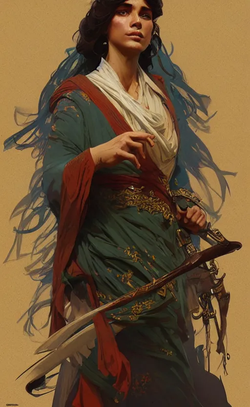 Image similar to a personification of the country Oman, highly detailed, digital painting, artstation, concept art, sharp focus, illustration, art by greg rutkowski and alphonse mucha