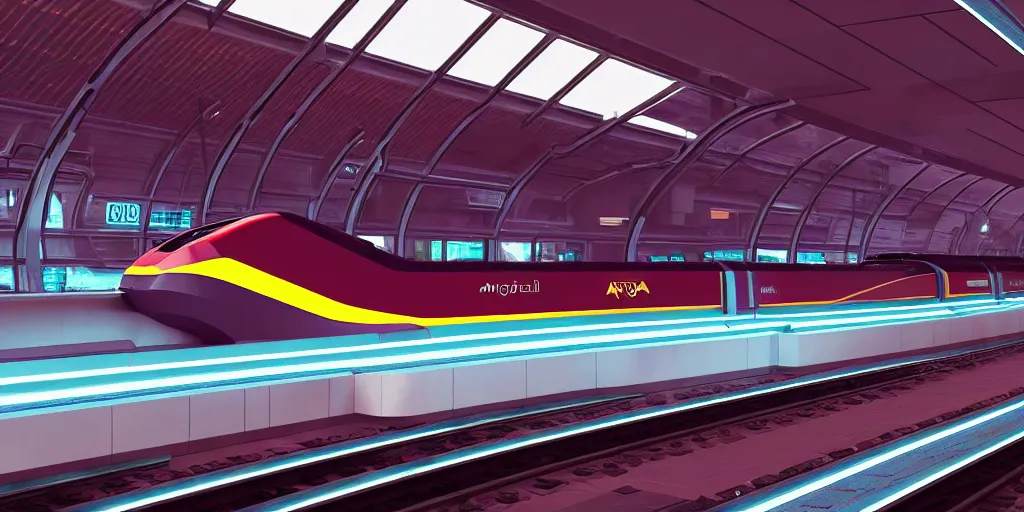 Prompt: a cyberpunk maglev train riding though futuristic station, blocky futuristic cityscape in background, gorgeous lighting and metallic reflection, eurostar, maroon and blue accents, 8k, high detail