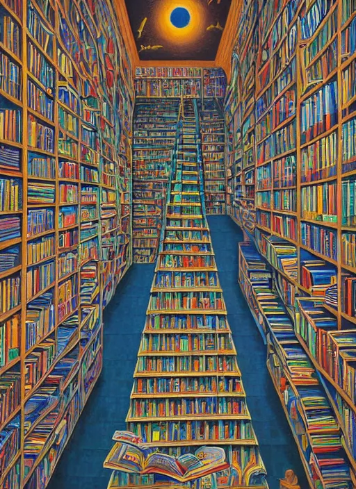 Image similar to the staircase at powell's city of books, vintage shapes, retro technology, happy colors. rob gonsalves, oil on canvas, deep depth field, masterpiece, cinematic composition, hyperdetailed