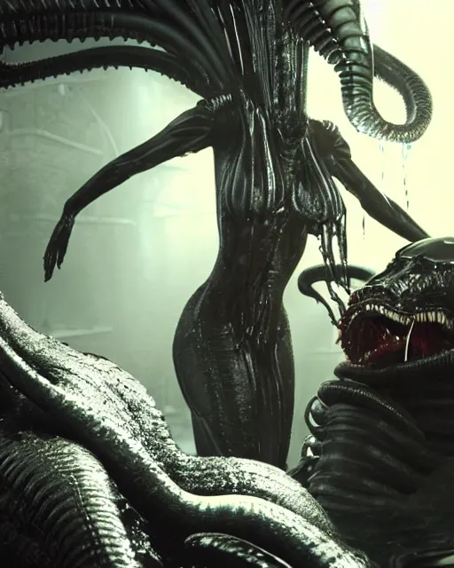 Image similar to film still of kim kardashian being kissed by an xenomorph slathered in a transparent alien liquid, wet flowing hair, gooey skin, illustration, unreal engine 5, 8 k, directed by h. r. giger.
