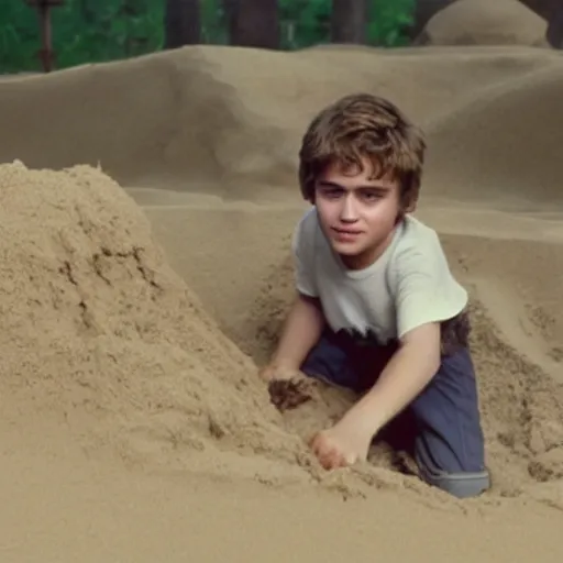 Prompt: still of young Anakin Skywalker playing in a sandbox