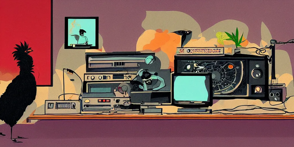 Prompt: 'black chicken'!!! smoking 'cannabis!!!!!!' in front of 'radio console'!!!! and 'multi monitors!!!!!!' in a tv broadcasting studio, artwork by James Gilleard