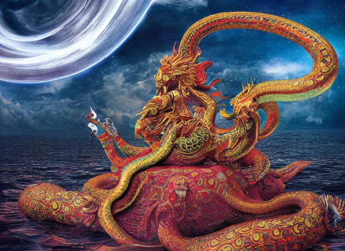 Prompt: vishnu sitting on adishesha the thousand headed universal serpent, floating across the cosmic ocean, digital art, octane render, highly detailed, intricate, by android jones and amanda sage