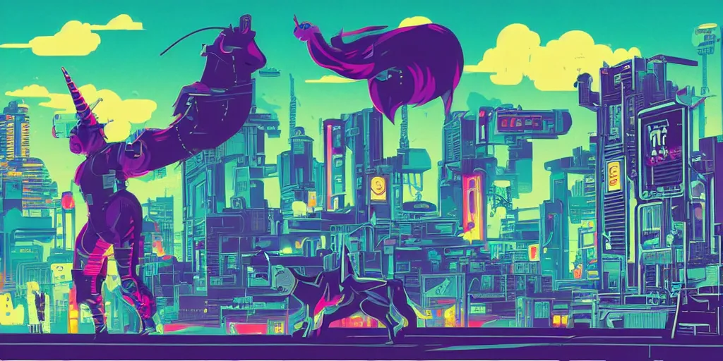 Image similar to unicorn in a futuristic cyberpunk town. By Tom Whalen, highly detailed