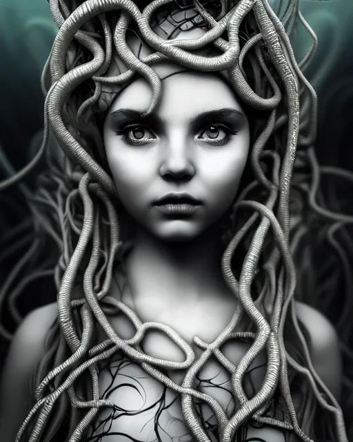 Image similar to mythical dreamy underwater artistic black and white photo of a translucent beautiful young female angelic - medusa - vegetal - doll, highly detailed, intricate crystal ivy jelly ornate, poetic, translucent algae ornate, digital art, octane render, 8 k artistic photography, photo - realistic, hg giger flora borsi