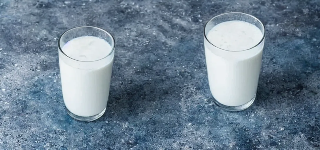 Prompt: blue milk in a frosty glass sitting on the counter of a modern kitchen