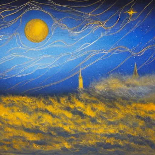 Prompt: Oil-on-canvas painting of a blue night sky with roiling energy. A fuzzy and bright yellow crescent moon shining at the top. Below the exploding yellow stars and radiating swirls of blue, a distant village sits quietly on the right. Connecting earth and sky is a flame-like cypress tree with curling and swaying branches on the left. A church spire rises as a beacon over rolling blue hills.