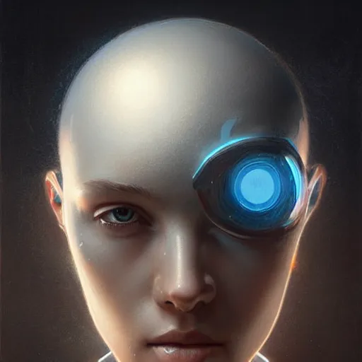 Image similar to a magical robot head, artificial intelligence, highly detailed, digital painting, smooth, sharp, beautiful face, expressive eyes, art by greg rutkowski and alex gray