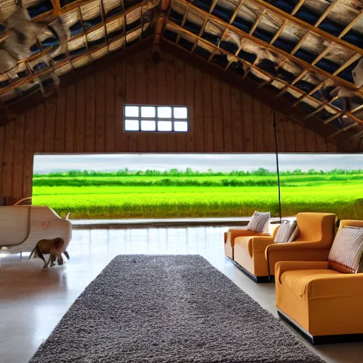 Prompt: interior view of modern futuristic farm barn architecture, cows on sofas pigs in hammocks chickens in lounge chairs, modern interior design, throw pillows, areas rugs, feed troughs, hay, detailed luminescent oil painting 4 k