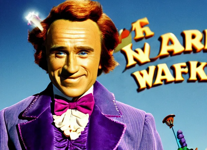Prompt: cinematic still of willy wonka played by arnold schwarzenegger, 4 k