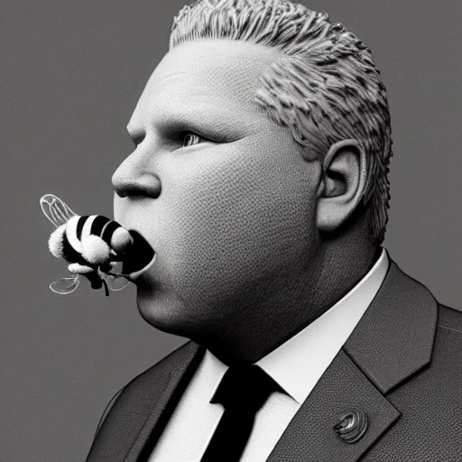 Prompt: 3 d render of doug ford with a bee in his mouth