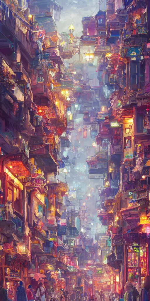 Prompt: Street view of a magical eastern civilization at day, built around ocean, full with people, a lot of lights, huge architectures. Trending on artstation