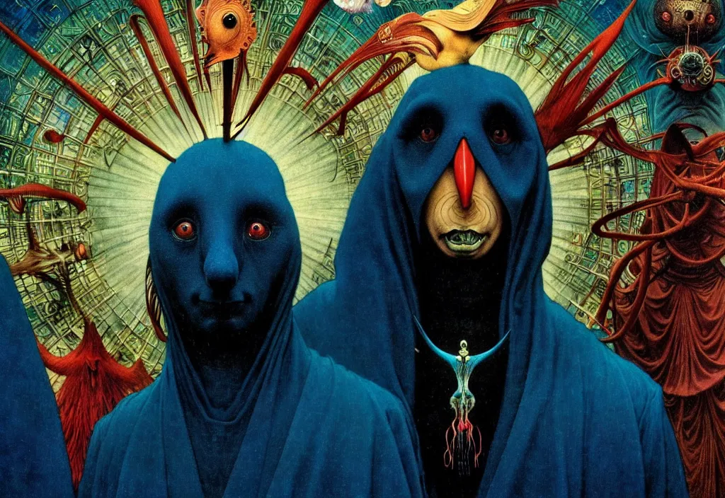 Image similar to realistic detailed portrait movie still of a birdman wearing dark robes, surreal sci fi landscape background by denis villeneuve, amano, yves tanguy, alphonse mucha, ernst haeckel, max ernst, roger dean, masterpiece, rich moody colours, blue eyes, snarling dog teeth