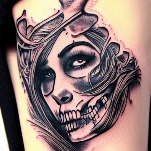 Image similar to a tattoo illustration of young woman with horse face, gothic style, skulls are lying underneath