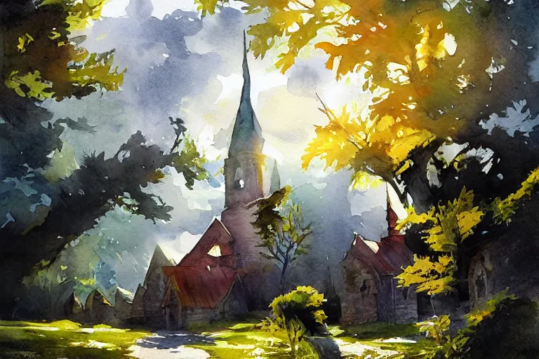 Image similar to small centered on watercolor paper, paint brush strokes, abstract watercolor painting of traditional wooden church tower, viking dragon decor, translucent leaves, cinematic light, national romanticism by hans dahl, by jesper ejsing, by anders zorn, by greg rutkowski, by greg manchess, by tyler edlin