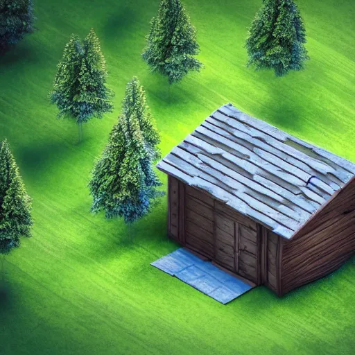 Image similar to 3 d render, isometric forest, photoreal, cabin in the woods