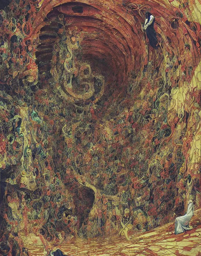 Prompt: worshippers in robes ascend a spiral staircase, spiral staircase, interior, high detailed beksinski painting, part by adrian ghenie and gerhard richter. art by takato yamamoto. masterpiece, deep colours