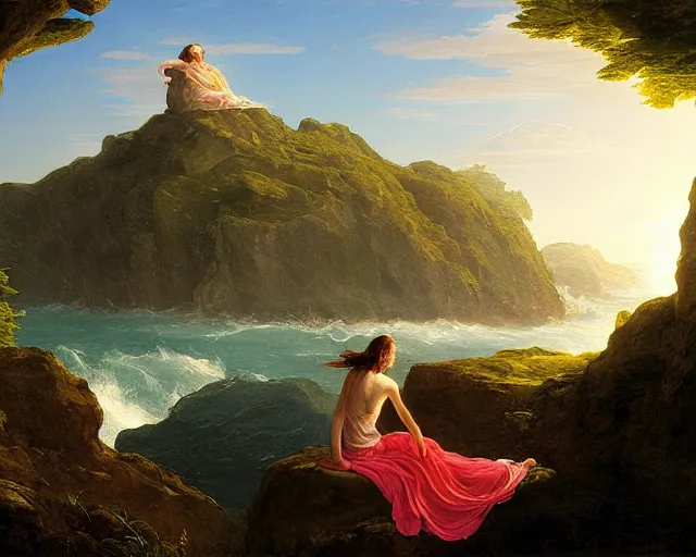 Image similar to a painting of a woman sitting on a rock overlooking an island, a digital painting by thomas cole, cgsociety, metaphysical painting, 2 d game art, storybook illustration, detailed painting