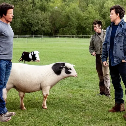 Image similar to mark wahlberg and andy samberg talking to farm animals