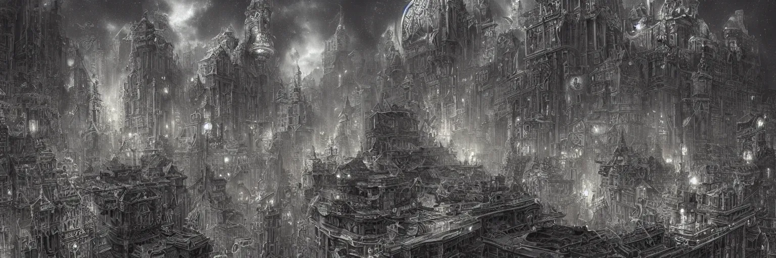 Prompt: grey and silver tones, Marc Simonetti, Mike Mignola, smooth liquid metal with detailed line work, Mandelbrot Fractal, Exquisite detail perfect symmetrical, silver details, hyper detailed, intricate ink illustration, golden ratio, city night, steampunk, smoke, neon lights, starry sky, steampunk city background, liquid polished metal, by peter mohrbacher