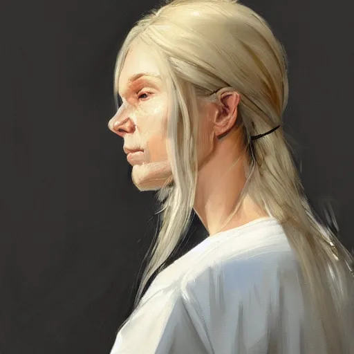 Image similar to Portrait of a woman by Greg Rutkowski, she is about 40 years old, pretty, blond hair with two strans around her face, slavic features, melancholic gaze, pretty aquiline nose, affectionate mom vibes, she is wearing a white and black utilitarian jumpsuit, highly detailed portrait, digital painting, artstation, concept art, smooth, sharp foccus ilustration, Artstation HQ.