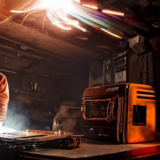 Image similar to cyborg toaster oven repairman, dark messy smoke - filled cluttered workshop, dark, dramatic lighting, orange tint, sparks, plasma rays, cinematic, highly detailed, sci - fi, futuristic, movie still, rule of thirds composition