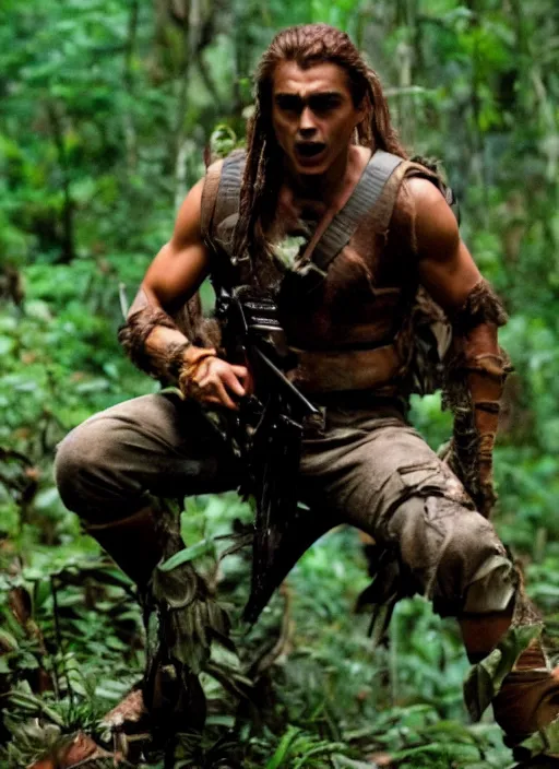 Prompt: film still of Dave Franco as Dutch in Predator, 4k