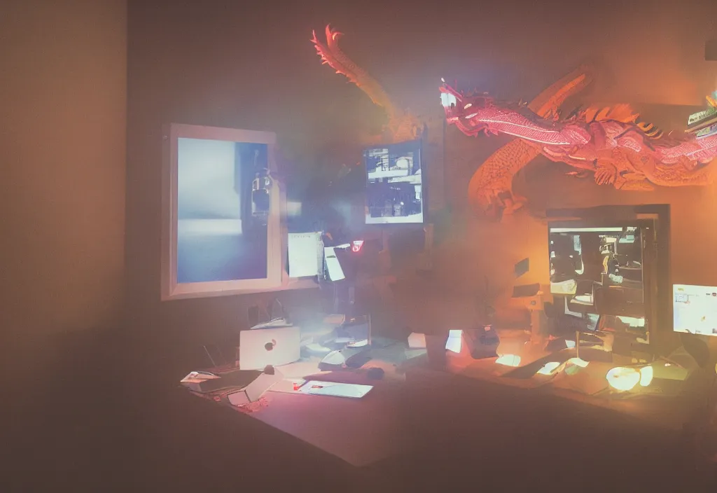 Image similar to dragon popping out of screens, volumetric lighting, bedroom, visor, users, pair of keycards on table, bokeh, creterion collection, shot on 7 0 mm, instax