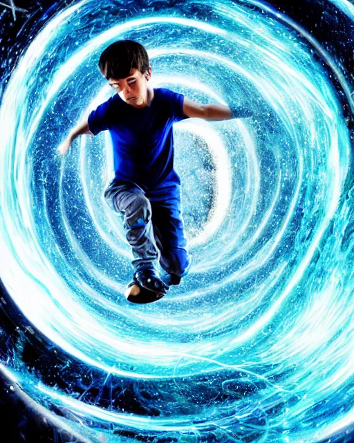 Prompt: a boy skateboarding inside a wormhole in a time bubble surrounding him, the wormhole is made of glass and particles, and the boy is doing a crooked-grind over a liquid metal rail expanding in the middle of the wormhole, space-blue color scheme