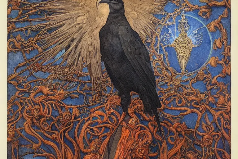 Prompt: coronation of the raven king, by Annie Swynnerton and jean delville and Nicholas Roerich, embroidered brocade, tattoos, elaborate costume, geometric ornament, symbolist, rich colors, dramatic lighting, smooth, sharp focus, extremely detailed