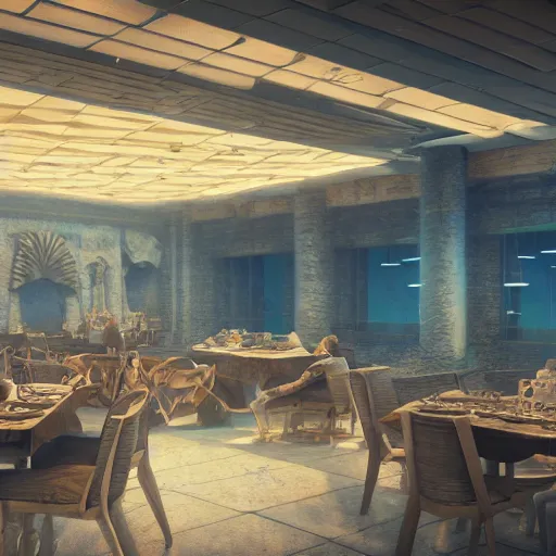 Image similar to atlantean dining hall, highly detailed octane render, artstation, 8k