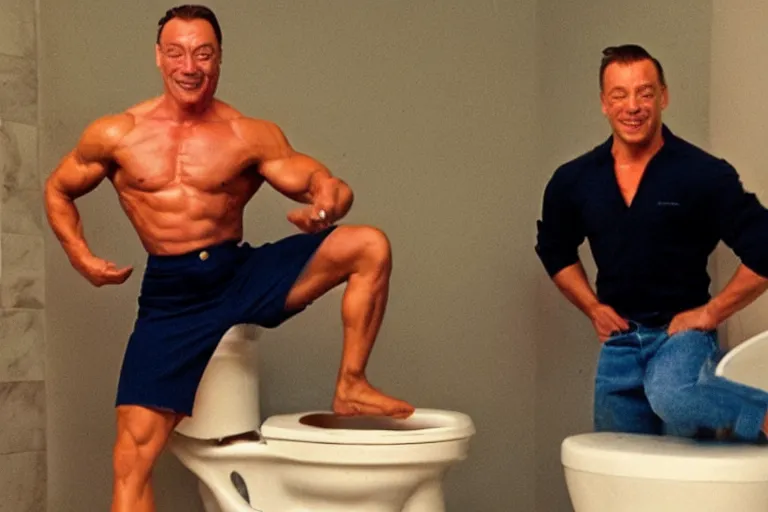 Image similar to hyperrealistic Jean Claude Vandamme doing the splits over a toilet, golden hour, smiling, award winning