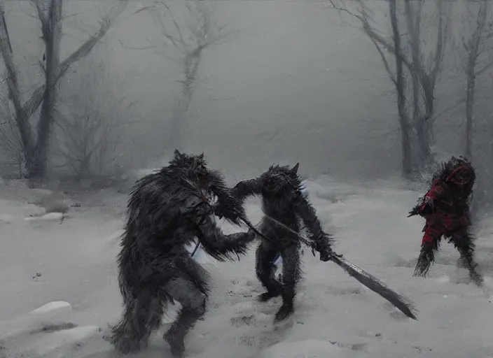 Image similar to jakub rozalski artstation, werewolves fighting in a snowstorm