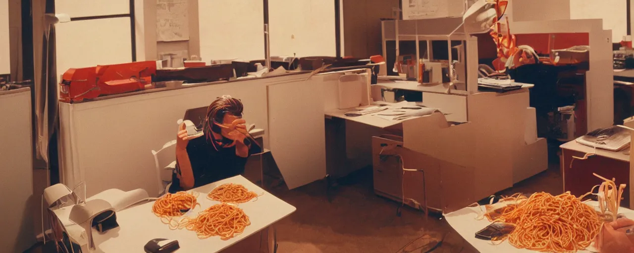 Image similar to security cam footage of someone with their head on spaghetti at their desk, at work, kodachrome, in the style of wes anderson, retro