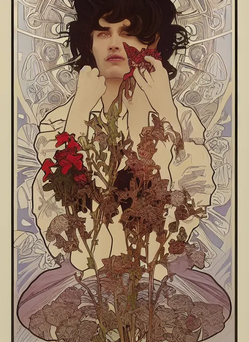 Image similar to a man by james jean, alphonse mucha, brian despain, will murai, linn olofsdotter, sam weber, jinyoung shin, joy ang, andrey gordeev, mark verhaagen, paul davey, craig mullins, shane prigmore, ryohei hase, andrew wyeth, szukalski