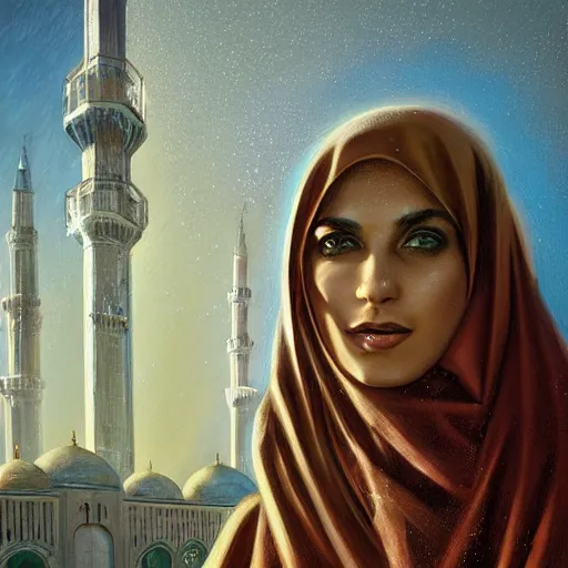 Image similar to detailed face of an arabic woman, glistening mosque, moment, tectonic sky, skydome, reactor, utopian, tech noir, wet reflections, prism, atmospheric, ambient, pj crook, syd mead, livia prima, artgerm, greg rutkowski, nick alm, casey baugh