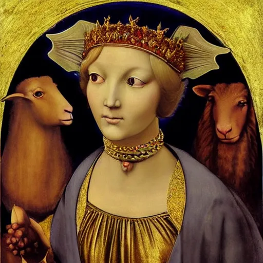 Prompt: the very beautiful portrait of the sheep queen art by giotto, raphael, karavajo, royal