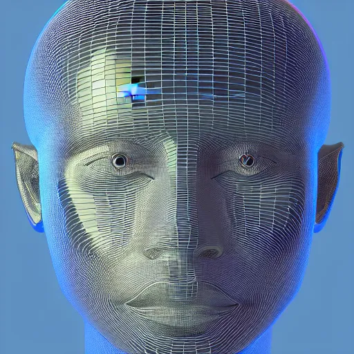 Image similar to topographic lines create a 3d render of holographic human robotic head made of glossy iridescent, surrealistic 3d illustration of a human face non-binary, non binary model, 3d model human, cryengine, made of holographic texture, holographic material, holographic rainbow, concept of cyborg and artificial intelligence, topographic lines