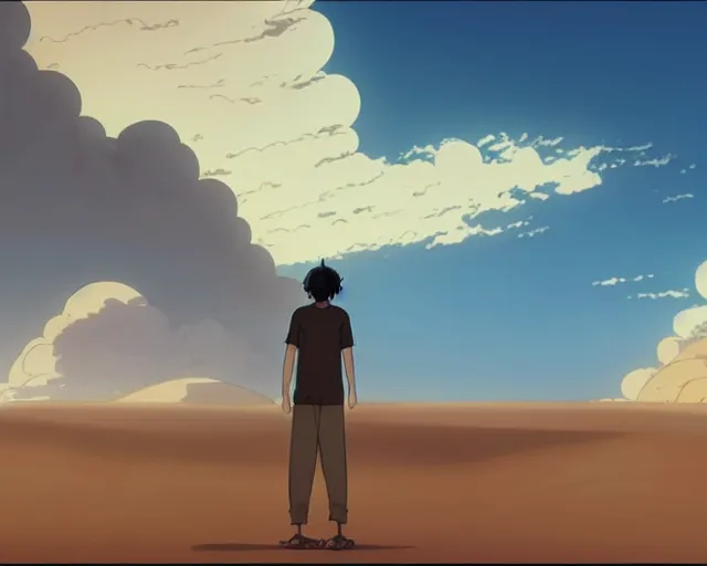 Image similar to an arab man in the desert with a storm, makoto shinkai, loish, studio ghibli